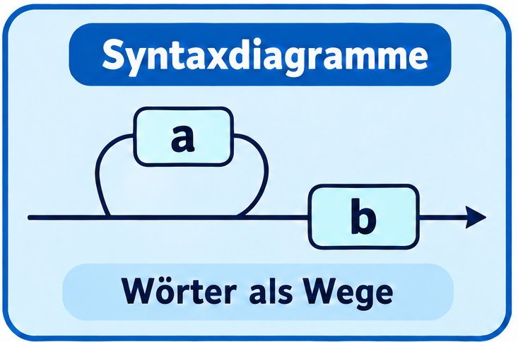 Syntaxdiagramme stellen W&ouml;rter als Wege dar. Beispiel: beliebig viele a, danach ein b.