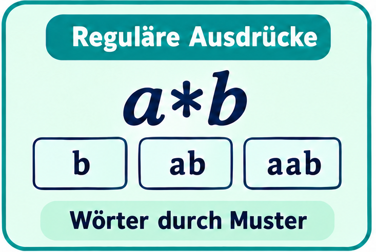 Der regul&auml;re Ausdruck a*b beschreibt W&ouml;rter mit beliebig vielen a, gefolgt von b, zum Beispiel b, ab und aab.