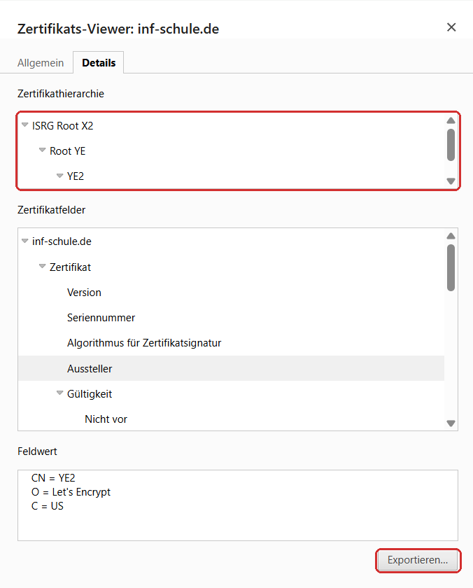 Zertifikats-Viewer f&uuml;r inf-schule.de, Reiter Details mit Zertifikathierarchie und Schaltfl&auml;che Exportieren