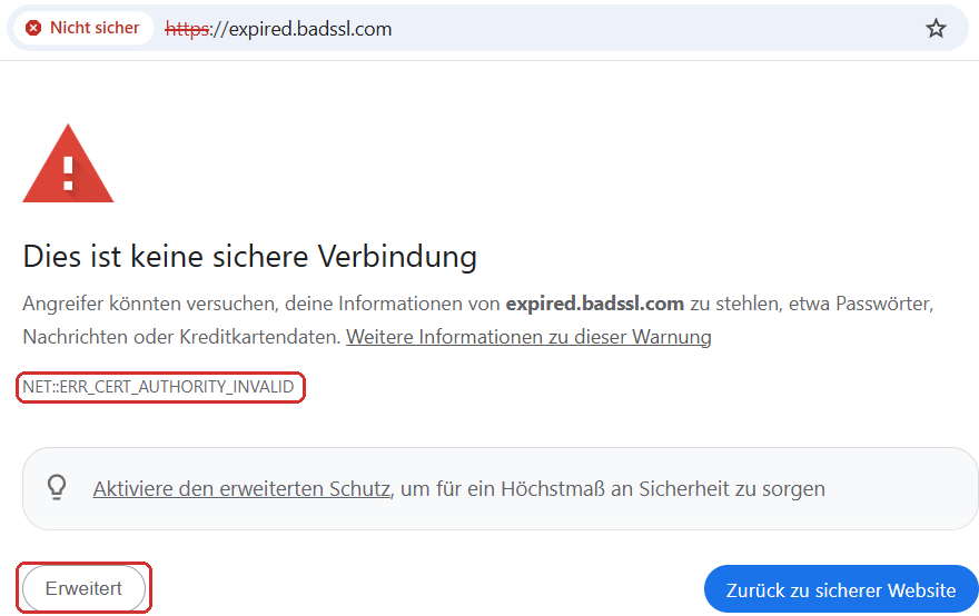 Warnung des Browsers bei einem ung&uuml;ltigen Zertifikat