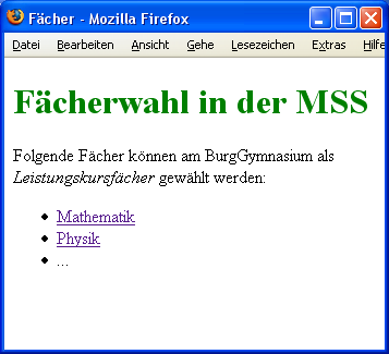 Webseite zur Fächerwahl