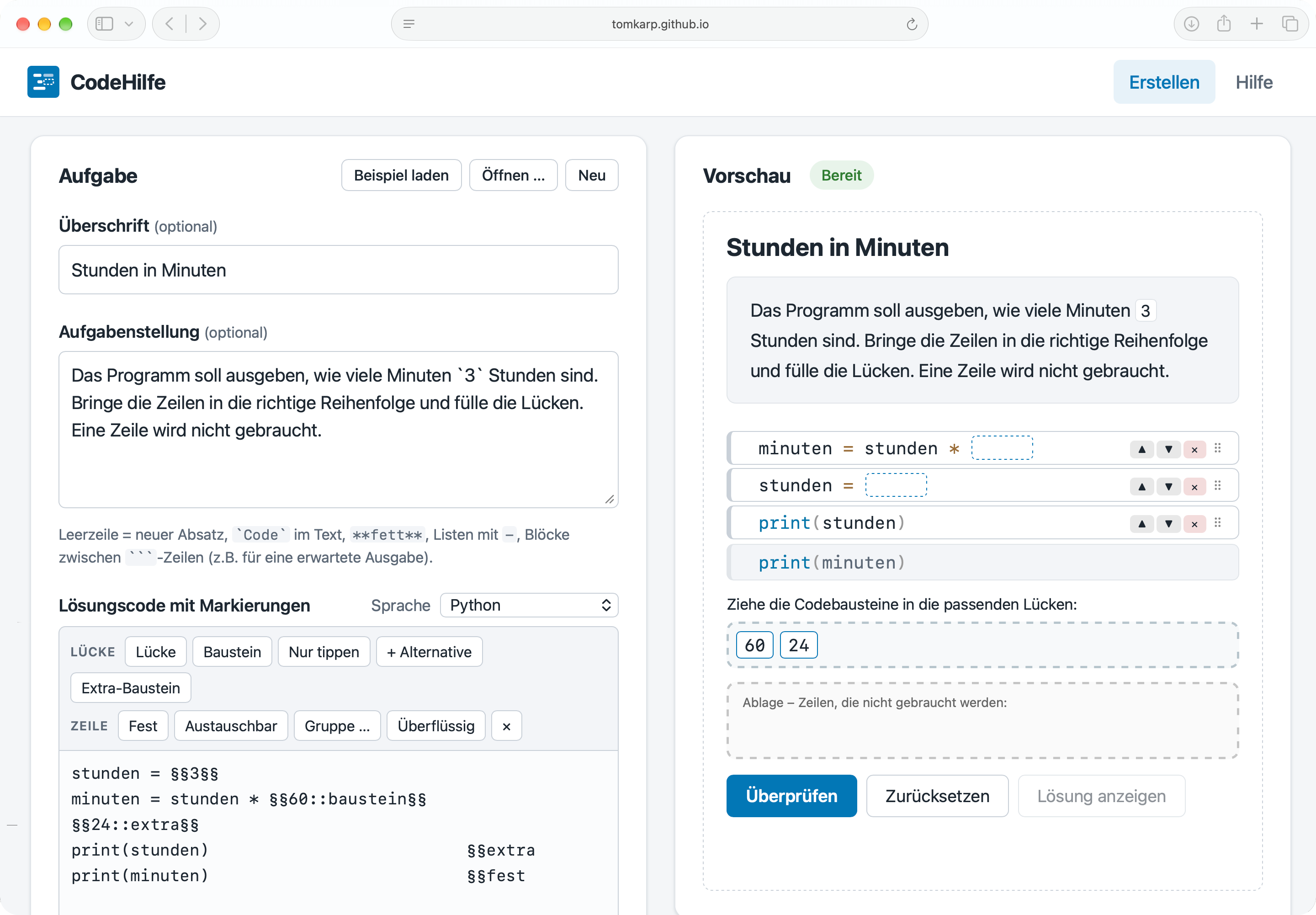 CodeHilfe-Editor und Vorschau nebeneinander