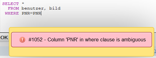 Fehlermeldung: Column PNR in where clause is ambiguous